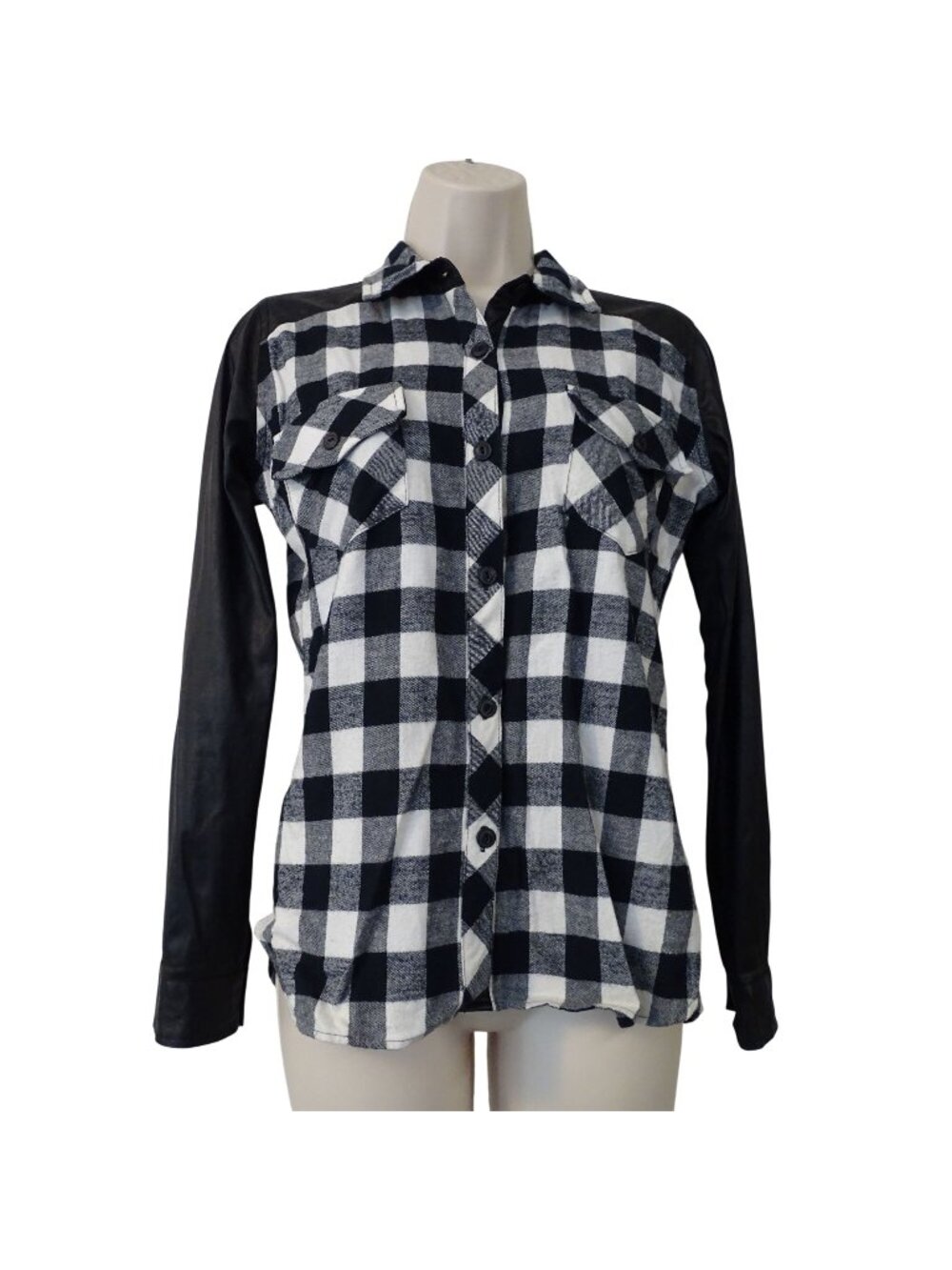 Generation Love Black White Plaid Flannel Button Up Shirt Size XS Faux Leather